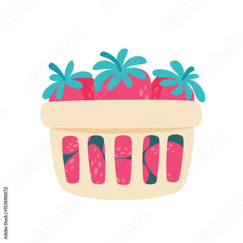 Tray of fresh strawberries. Flat style berry fruit vector illustration
