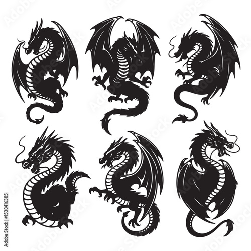 Six Black Silhouettes of Dragons with Wings in Various Poses on White Background vector