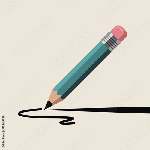 Teal pencil with pink eraser creates a swirling line on a beige background represents writing creativity and artistic expression