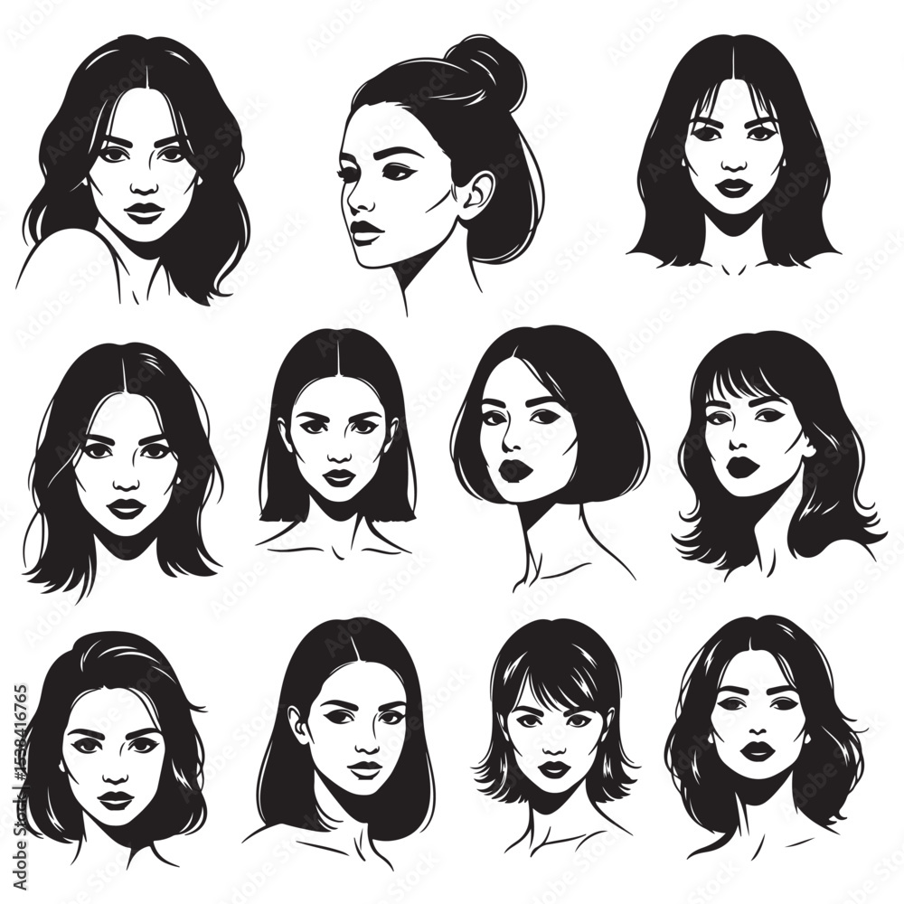 Twelve Black and White Female Portraits Diverse Hairstyles Headshots Monochrome Women Faces Graphic Illustrations Twelve Black and White Female Portraits Diverse Hairstyles Headshots Monochrome Women Faces Graphic Illustrations