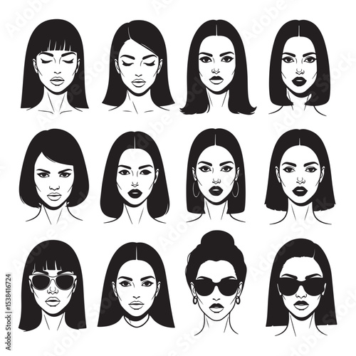 Twelve Black and White Female Portraits Diverse Hairstyles Expressions Sunglasses woman face