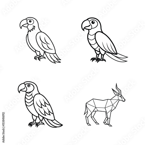 Simple line drawings of tropical parrots and geometric antelope in black and white