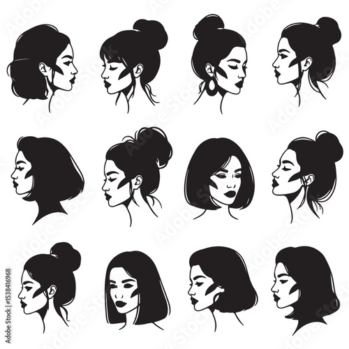 Twelve Black and White Female Portraits Profile and Face Views Short Hair Bun Hairstyles Graphic Design