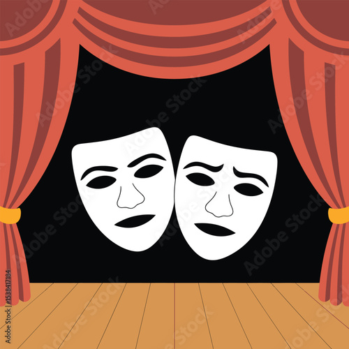 Theatre stage with comedy and tragedy masks depicting dramatic arts and performance behind a red curtain and wooden floor