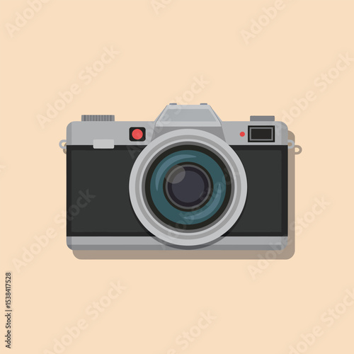 Vector illustration of a classic retro film camera in a flat design style against a simple beige background perfect for photography themes and graphic design assets.