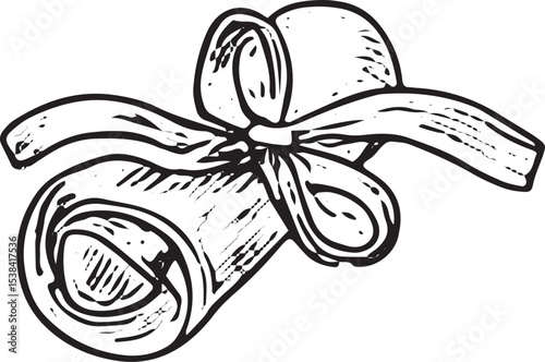 Hand-drawn sketch of a rolled parchment tied with a ribbon, perfect for vintage, literary, or invitation designs, ideal for bookcore themes, stationery, and artistic decor illustrations