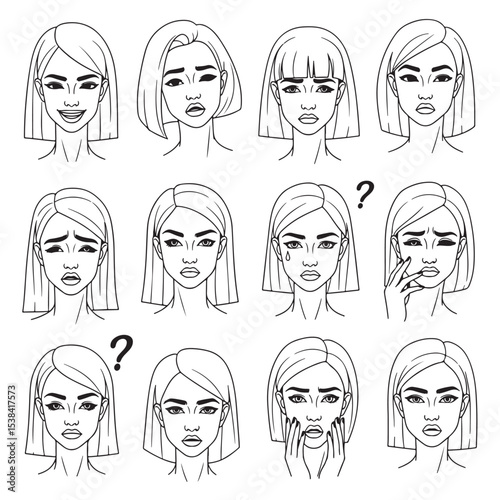 Twelve Female Faces Diverse Expressions Black Line Art Illustrations Bob Hairstyle Portraits Women Emotions Moods Graphic Design Elements