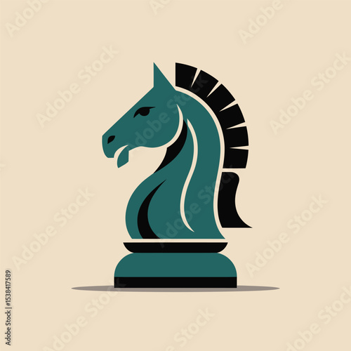 Vector illustration of a chess knight in teal and black on a beige background design suitable for strategic concepts and board game imagery