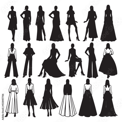 Twenty silhouettes of women in various dresses and poses black and white fashion illustration woman female