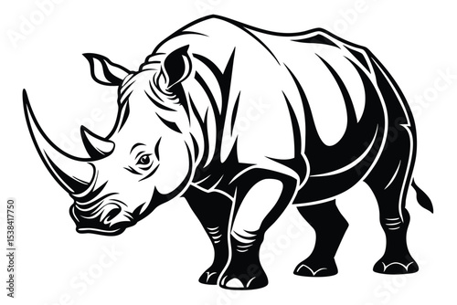 Bold black and white rhino stands with detailed lines showing its sturdy build