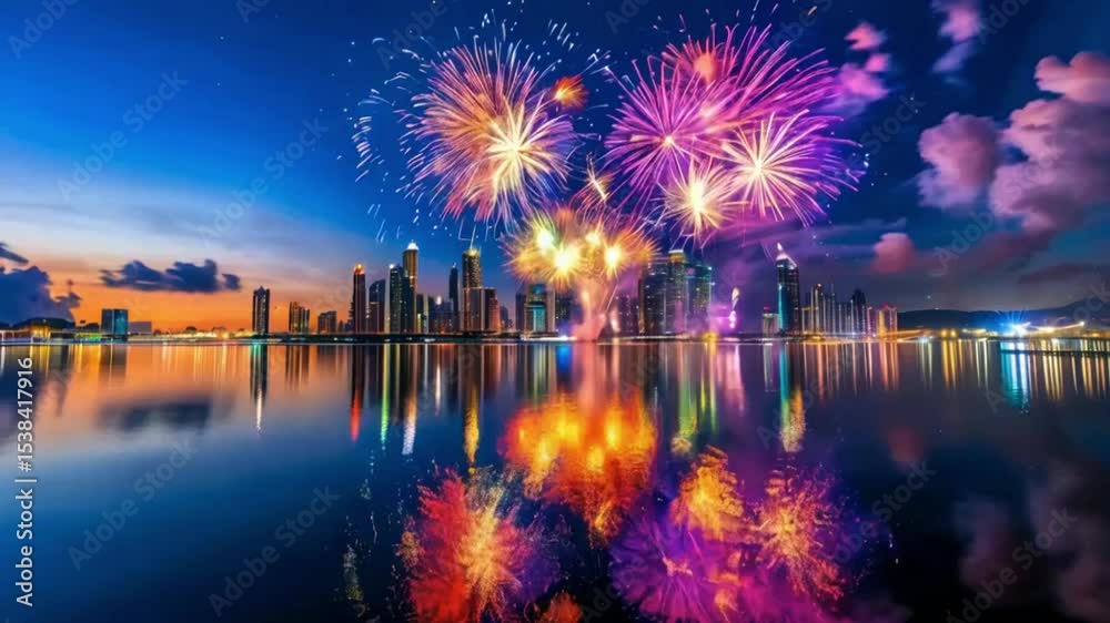 longexposure photograph of colorful fireworks exploding in the night sky reflections on water surface city skyline silhouette in background.