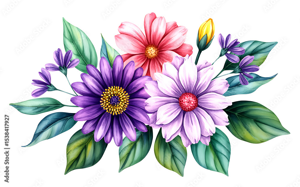 Obraz premium Watercolor floral bouquet with purple pink and white flowers