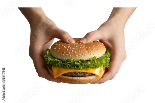 A close up of a hamburger held in two hands against a light white background in a studio shot
