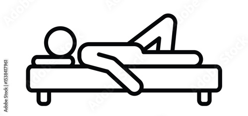 Man sleeping or relaxed on bed. Person sleep or dreaming. Cartoon woke up icon. Sleepless concept. Human rest, stick figure man. Human silhouettes. Sleep, bed time icon. Sleeping shelter or hotel. 