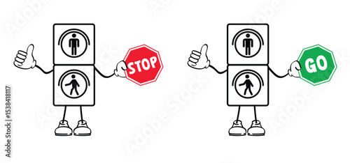 Cartroon traffic light. Stop sign. Marcotte character with traffic signs, red, green light. For kids crossover concept. Walking across crosswalk. Children waiting at traffic light. Stop and go.