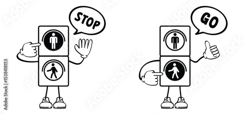 Cartroon traffic light. Stop sign. Marcotte character with traffic signs, red, green light. For kids crossover concept. Walking across crosswalk. Children waiting at traffic light. Stop and go.