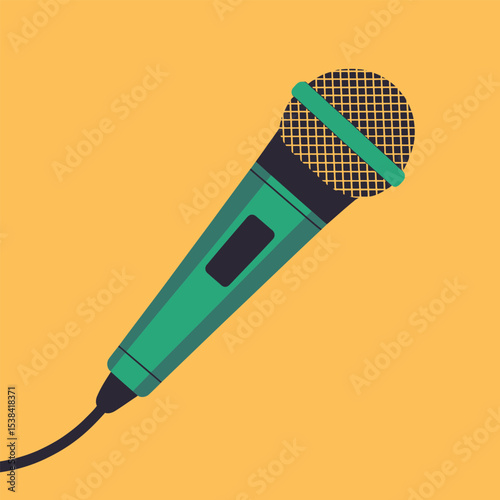 Vector illustration of a stylish green microphone with a black cable set against a yellow background perfect for music and podcasting