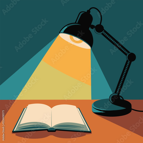 Vector illustration of an open book lit by a desk lamp in a minimalist geometric style
