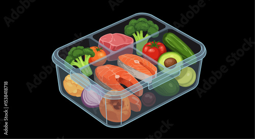 Healthy Eating, Flat Vector Art with Salmon and Vegetables  