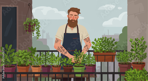 Bearded man tending to potted plants on balcony outdoors