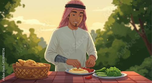 Young Arab man preparing healthy food outdoors with fresh vegetables  