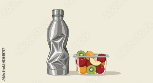 Healthy Eating flat vector art with fruit and a water bottle  