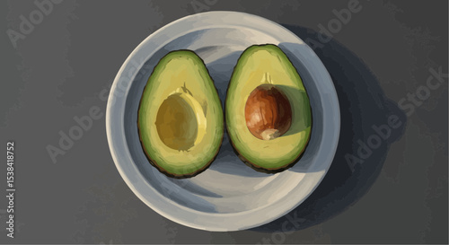Halved avocado on a white plate against a gray background  