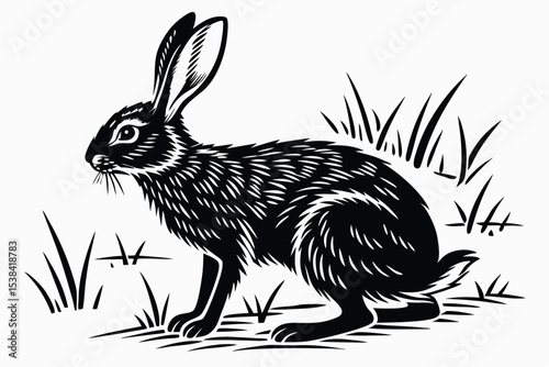 Black shaded hare stands alert among simple grass in monochrome image