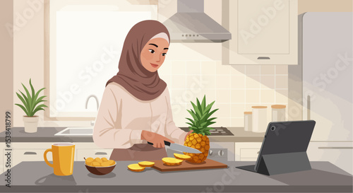 Young Muslim woman cutting pineapple in modern kitchen while learning  