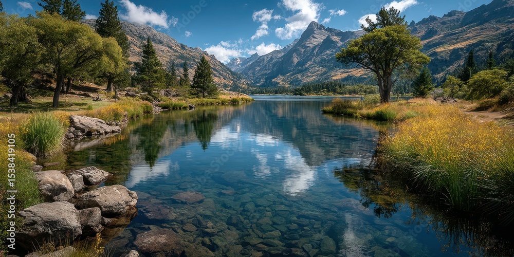 Fototapeta premium Majestic mountains reflect in serene lake during crisp afternoon under blue sky with scattered clouds