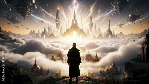 Man in robe observing a futuristic golden city above clouds, with light trails and celestial structures, a fantasy world scene, 3d animation.