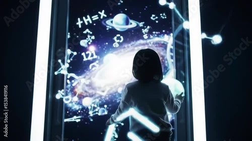Girl interacting with an interactive display showing a galaxy, planets, and scientific formulas, a concept for learning about space and science.