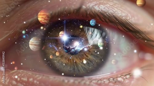 Caucasian woman's eye holding a reflection of the universe and planets, concept of cosmos and infinity, motion graphics footage.