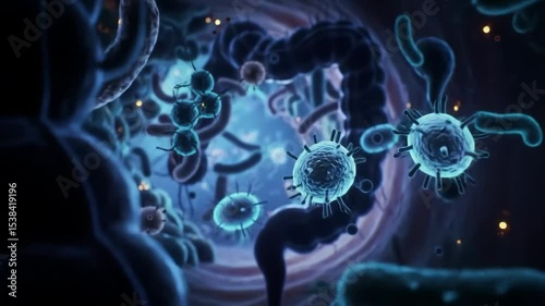 Microorganisms and viruses floating in a dark blue environment. Microscopic view of bacteria and cells inside the human body. Medical biology concept.