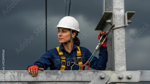 Woman engineer in hardhat and harness standing high up on metal structure looking out, industrial professional footage.