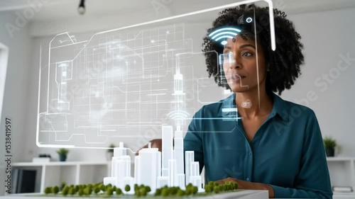 Confident african american woman interacting with smart city virtual interface over architectural model, innovative urban planning technology footage.