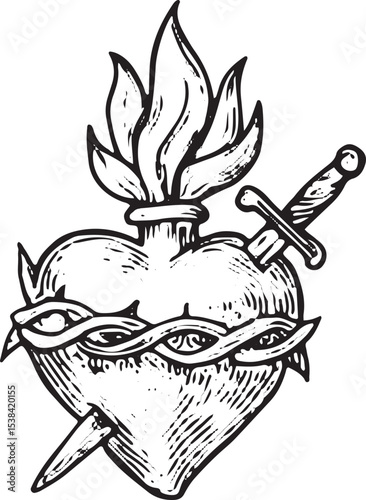 Intricate black-and-white sacred heart with a flaming top, adorned with a crown and thorns, symbolizing divine love and sacrifice in a detailed, vintage line art style for religious or tattoo designs