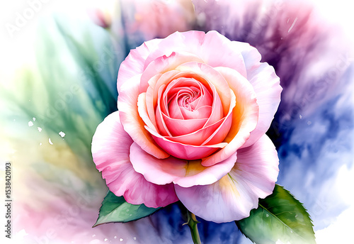 Single pink rose blossom watercolor painting