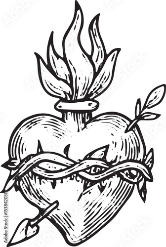 Intricate black-and-white sacred heart with a flaming top, adorned with a crown and thorns, symbolizing divine love and sacrifice in a detailed, vintage line art style for religious or tattoo designs