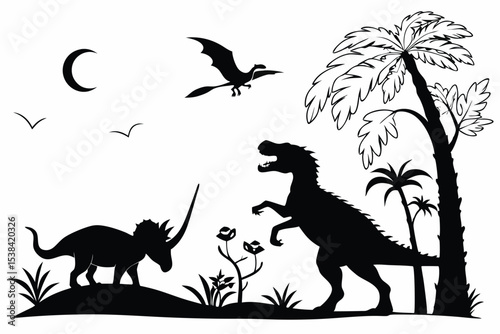 Silhouetted dinosaurs under the moon and palm tree create a prehistoric atmosphere