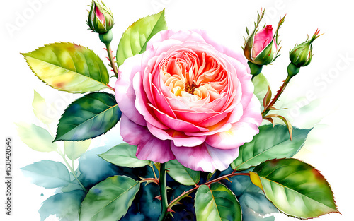 Watercolor painting of a pink rose with buds
