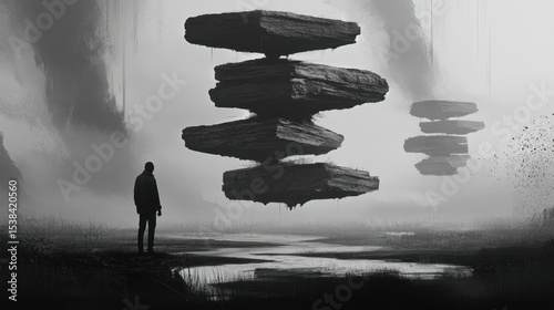 Floating rocks in a misty, dark forest. A solitary figure observes