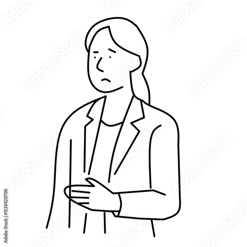 Simple line drawing of a woman looking unwell and holding her stomach. Represents illness, pain, and health issues.