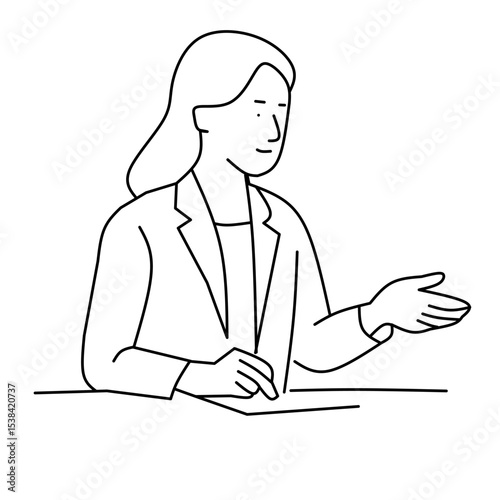 Line art of businesswoman explaining with hand gesture, hand-drawn style office illustration


