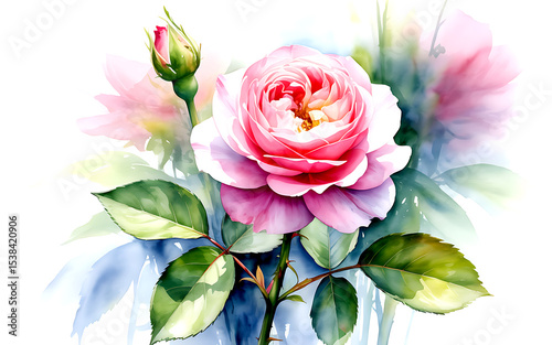 Watercolor painting of a pink rose with bud