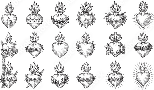 A collection of intricate black-and-white sacred heart illustrations, featuring flaming hearts adorned with crowns, crosses, thorns, roses, and rays, symbolizing devotion and spirituality in a timeles
