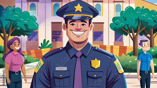 Police officer standing in uniform with calm, confident gaze, representing law enforcement, public safety, community service, and trust in urban security roles