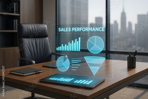 Modern office desk with sales performance hologram display featuring charts and graphs representing business analytics and data visualization