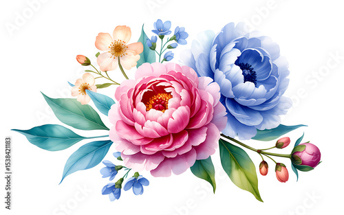 Elegant pink and blue peony flower bouquet illustration
