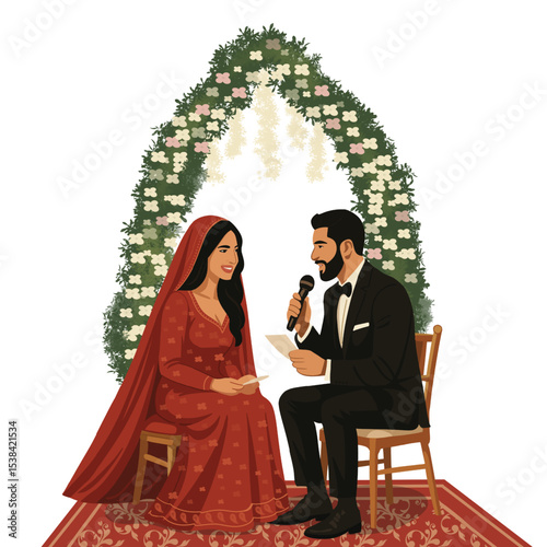 Bride and Groom Exchanging Vows Under Floral Arch 